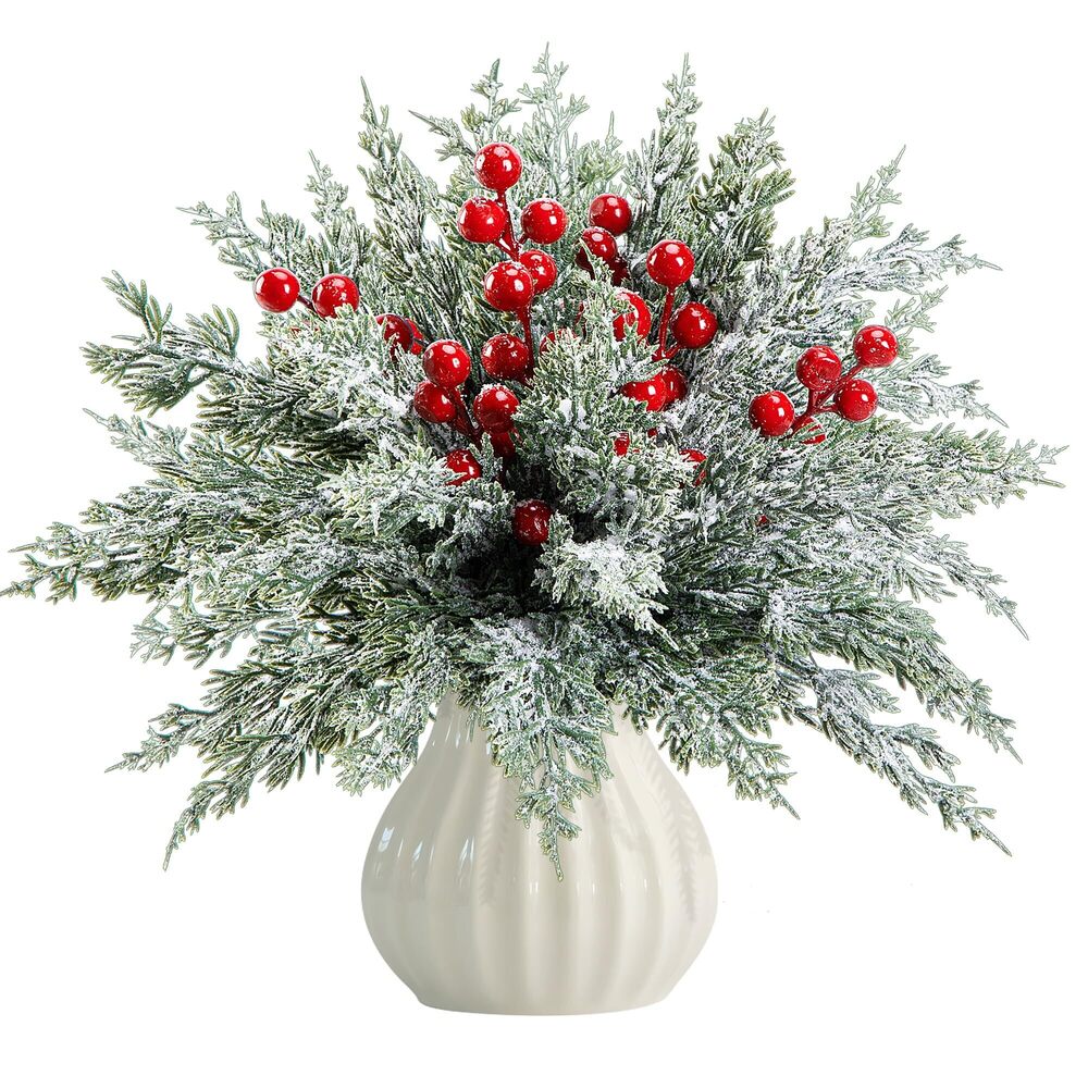 5714 60 Pcs Artificial Christmas Snow Pine Branches with Red Berry Stems